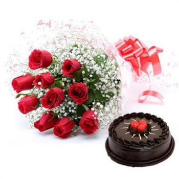 Chocolate Truffle Cake and  (10 Mix Roses Bunch)