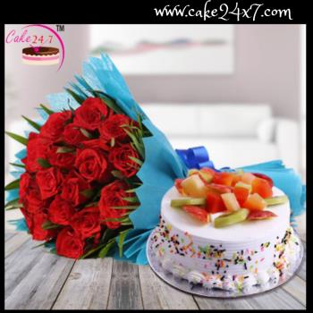 Fruit Cake with 12 Red Roses Bunch