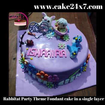 Rabbitat Party Theme Fondant cake in a single layer