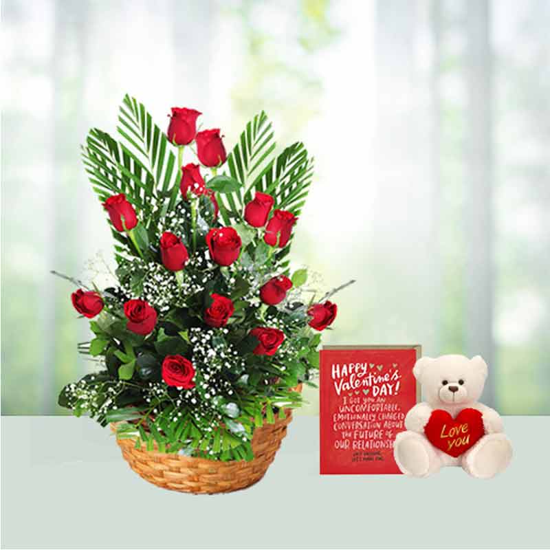 Valentine Day Red Roses Basket and Teddy