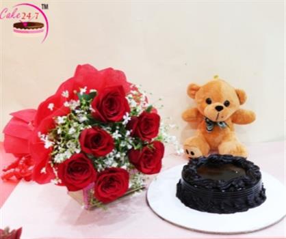Gift Combo Chocolate Truffle Cake,Teddy & Red Roses Bouquets