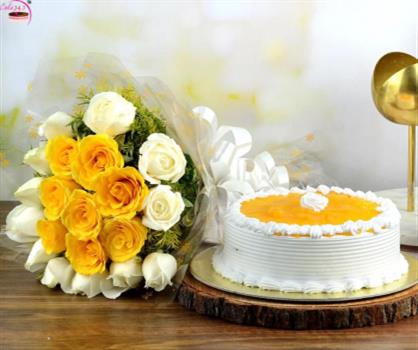 Mango Cake With Yellow & White Roses